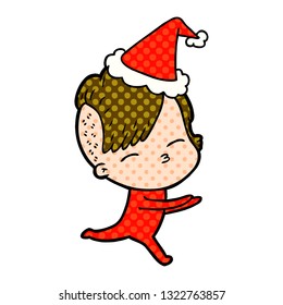 hand drawn comic book style illustration of a girl in onesie wearing santa hat