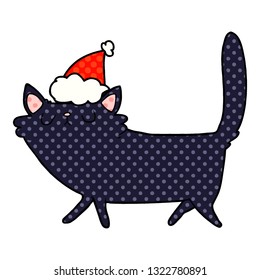 handgezeichnete Comicbuchgrafik einer schwarzen Katze mit Santamhut