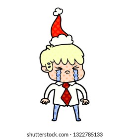 ilustração desenhada à mão estilo história em quadrinhos de um menino chorando usando chapéu de santa