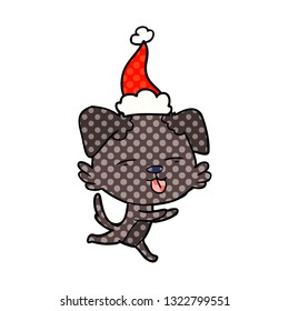 hand drawn comic book style illustration of a dog sticking out tongue wearing santa hat