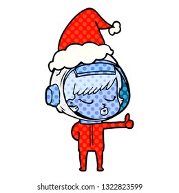 hand drawn comic book style illustration of a pretty astronaut girl giving thumbs up wearing santa hat