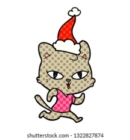 hand drawn comic book style illustration of a cat out for a run wearing santa hat