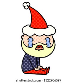 hand drawn comic book style illustration of a bearded man crying wearing santa hat