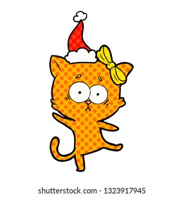 hand drawn comic book style illustration of a cat wearing santa hat