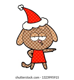 hand drawn comic book style illustration of a bored dog wearing santa hat