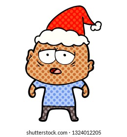 hand drawn comic book style illustration of a tired bald man wearing santa hat