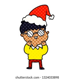 ilustración a mano de un niño que usa espectáculos usando sombrero de santa