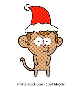 hand drawn comic book style illustration of a hooting monkey wearing santa hat