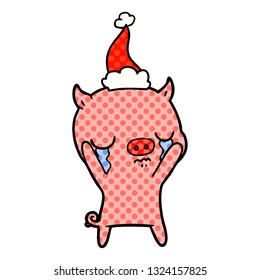 hand drawn comic book style illustration of a pig crying wearing santa hat