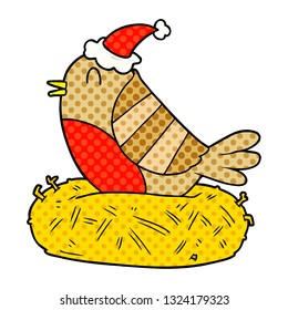hand drawn comic book style illustration of a bird sitting on nest wearing santa hat