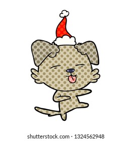 hand drawn comic book style illustration of a dog dancing wearing santa hat