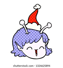 hand drawn comic book style illustration of a alien space girl face wearing santa hat