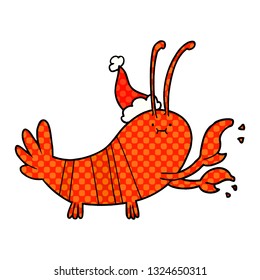 hand drawn comic book style illustration of a lobster wearing santa hat