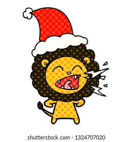 hand drawn comic book style illustration of a roaring lion wearing santa hat