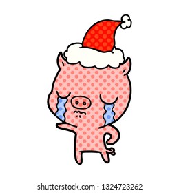 handgezeichnete Comicbuchgrafik eines Schweins, das mit Santamhut weint