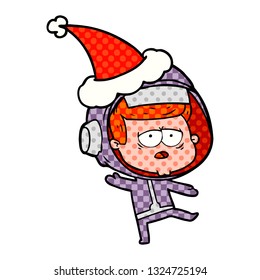 hand drawn comic book style illustration of a tired astronaut wearing santa hat