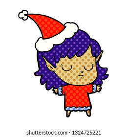 hand drawn comic book style illustration of a elf girl wearing santa hat