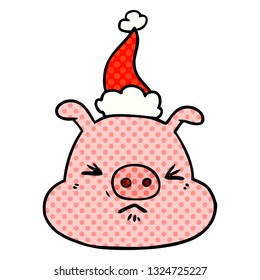 hand drawn comic book style illustration of a angry pig face wearing santa hat