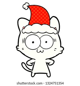 hand drawn comic book style illustration of a surprised cat wearing santa hat