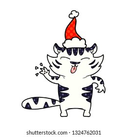 hand drawn comic book style illustration of a white tiger wearing santa hat
