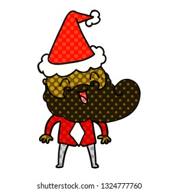 Hand drawn comic book style illustration of a happy bearded man wearing santa hat
