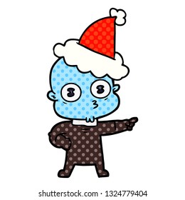 hand drawn comic book style illustration of a weird bald spaceman wearing santa hat