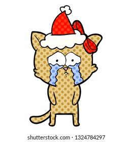 hand drawn comic book style illustration of a cat wearing santa hat
