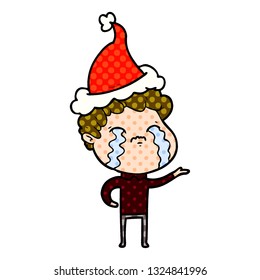 hand drawn comic book style illustration of a man crying wearing santa hat