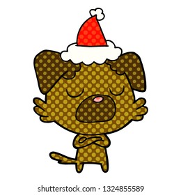 hand drawn comic book style illustration of a dog wearing santa hat