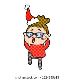 ilustración de un libro de historietas dibujado a mano que muestra a una mujer feliz usando espectáculos con sombrero de santa