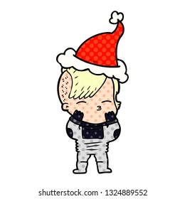 hand drawn comic book style illustration of a girl wearing futuristic clothes wearing santa hat