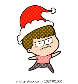 hand drawn comic book style illustration of a annoyed man wearing santa hat