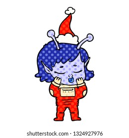 hand drawn comic book style illustration of a alien girl wearing santa hat