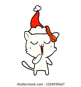 hand drawn comic book style illustration of a cat wearing santa hat