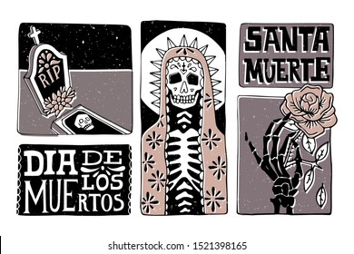 Hand drawn comic book style illustration. Santa Muerte. Dia de los muertos. Print for t-shirts, invitations, cards, clothes, bags, posters