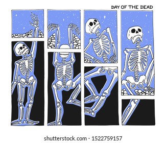 Hand drawn comic book style illustration with skeleton. Day of the Dead. Print for t-shirts, invitations, cards, clothes, bags, posters