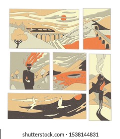 Hand drawn comic book style illustration with abstract landscape. Print for t-shirts, invitations, cards, clothes, bags, posters.