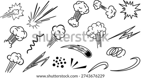 Hand drawn comic burst and impact doodle vector icon set with zap explosion smoke swirl and speed lines on transparent background.