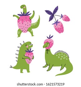 Hand drawn comic dinosaurs and strawberry. Perfect for stickers or kids t-shirt prints. Cute dino design isolated on the white background. Vector illustration.