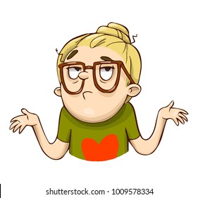 Hand drawn comic i don't know emoji character. Vector cartoon girl sticker.
