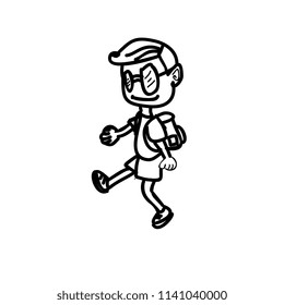 Hand drawn comic doodle. A boy with glasses and academic uniform going to go to school.