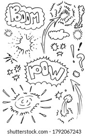 Hand drawn comic doodles isolated on white background.