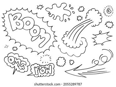 Hand drawn comic doodles on white background.