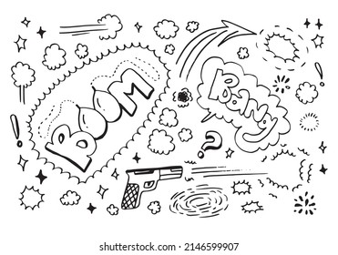 Hand drawn comic doodles on white background.