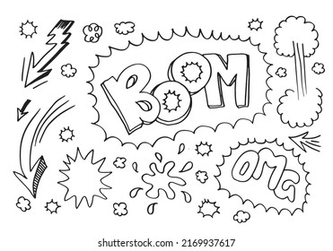 Hand drawn comic doodles on white background.