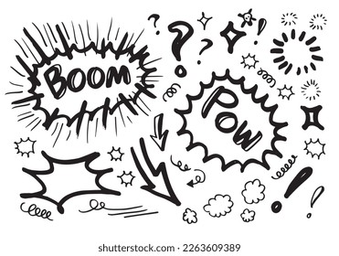 Hand drawn comic doodles on white background.
