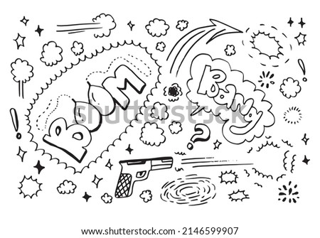 Hand drawn comic doodles on white background.