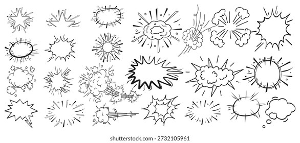 Hand drawn comic explosion and starburst elements featuring impact clouds, action bursts and sketch emphasis shapes for pop art, presentations and creative design use.