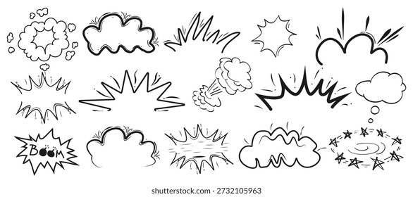 Explosão cômica desenhada à mão e elementos starburst com nuvens de impacto, rajadas de ação e esboço formas de ênfase para pop art, apresentações e uso de design criativo.