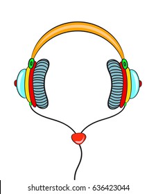 Hand drawn comic headphones on white background. Vector colorful object in pop art retro comic style.
